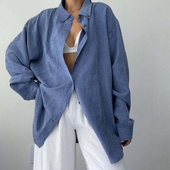 Vintage vegan suede button front shirt blue - Picture 2 of 11